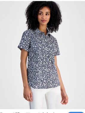 Tommy Hilfiger Navy and White Floral Short-Sleeve Button-Down Shirt